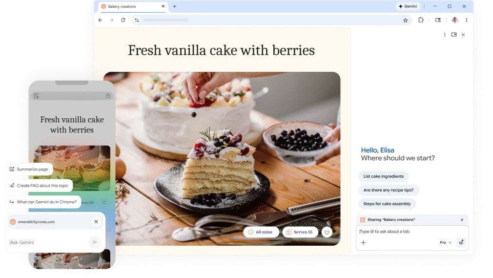 A pop-up over a cake recipe webpage asks how Gemini in Chrome can help. The feature is on both desktop and mobile.