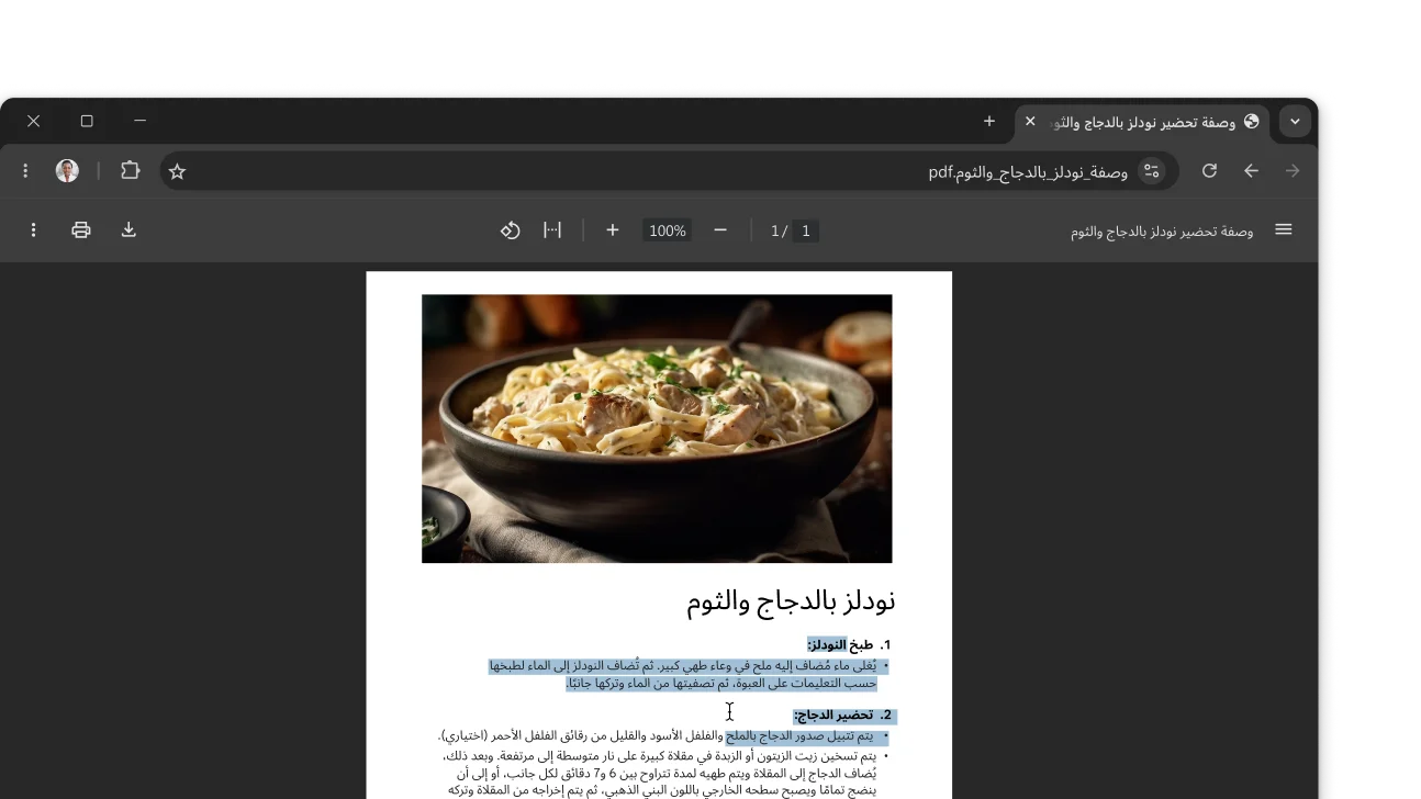 ملف PDF مفتوح في نافذة متصفّح Chrome ويتضمّن وصفة طعام. ويحدّد المستخدم نصًا في ملف PDF.